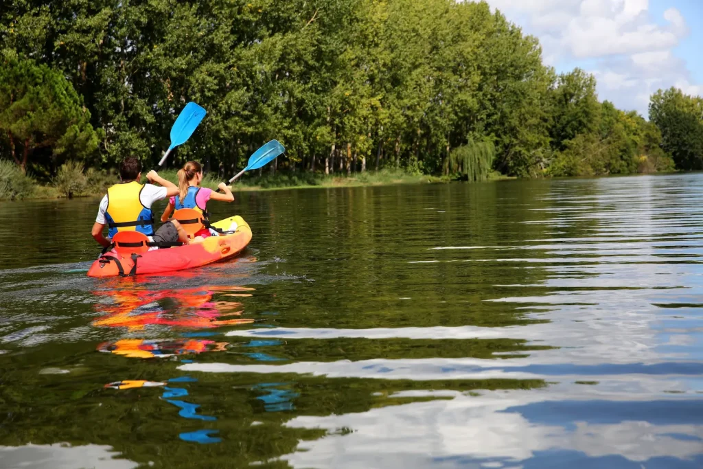 Visitors canoeing together on calm waters surrounded by nature during a Lake Biwa outdoor experience