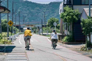Cycling through a quiet local town in Nagahama, Shiga, exploring the countryside near Lake Biwa