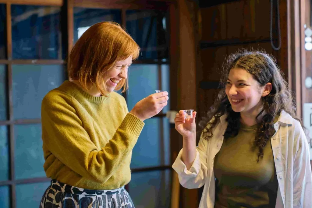 Sake tasting experience in Kinomoto, Nagahama, where guests enjoy local Japanese sake in a traditional setting