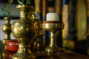 A bowl of rice offered on a Buddhist altar as part of a traditional temple practice in Nagahama